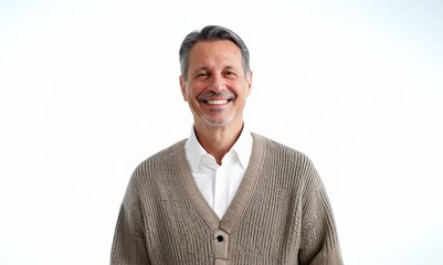 Canvas Print - Medium shot portrait video of a satisfied man in his 40s that is wearing a chic cardigan against a white background