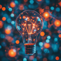 A glowing filament light bulb amidst many blurred bulbs, bokeh effect, on a blue and orange background, concept of ideas and innovation. Generative AI