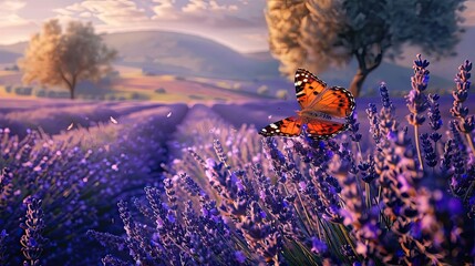 Poster - Butterfly in a Lavender Field at Sunset