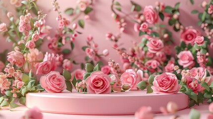 Sticker - A pink pedestal is surrounded by pink roses and greenery, creating a delicate and romantic scene. The light shines gently on the scene, highlighting the beauty of the flowers.