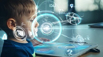 Aufkleber - A young child intently interacts with a tablet, exploring colorful graphics while sitting at a table in a contemporary environment.