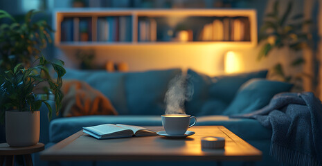 A cozy living room with a white coffee cup on a table next to a book