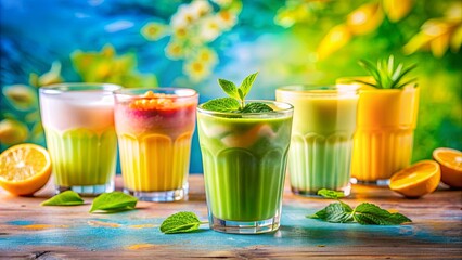 Wall Mural - Vibrant summertime refreshment featuring yuzu matcha beverages in colorful glasses against a vibrant background