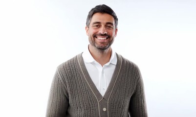 Canvas Print - Medium shot portrait video of a pleased man in his 40s that is wearing a chic cardigan against a white background