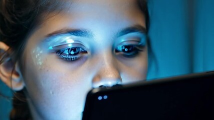 Aufkleber - A young girl intently focuses on her smartphone screen in a softly illuminated environment.