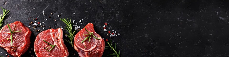 Wall Mural - Top view of four raw dry aged Wagyu rib eye beef steaks with herbs and black salt on a black board with space for text