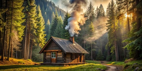 Wall Mural - Cozy wooden cabin in the woods with smoke rising from the chimney, cabin, woods, cozy, wooden, smoke, chimney, rustic