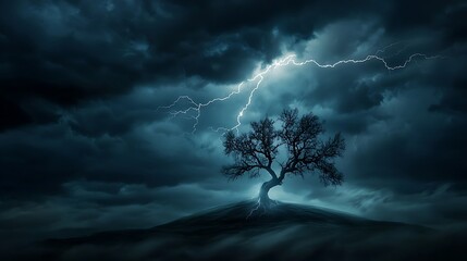 Wall Mural - a dramatic storm scene with lightning striking a tree, highlighting the power of nature with copy sp
