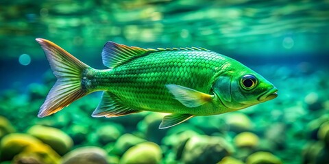 A vibrant emerald green fish swimming in clear water, aquatic, wildlife, underwater, tropical, colorful, beauty, marine life