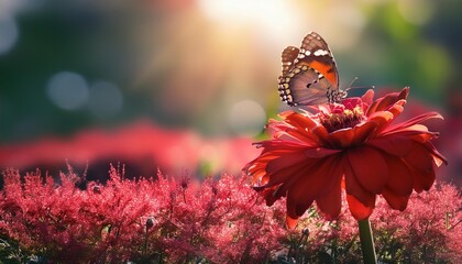 Wall Mural -  Butterfly basking in the sunlight on a vibrant red flower, with a smooth, out-of-focus garde 