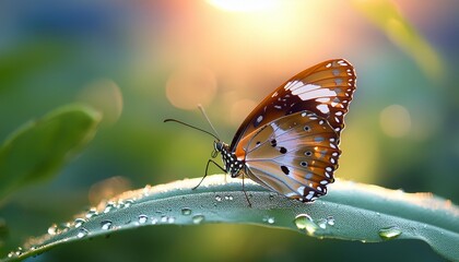 Wall Mural -  Close-up of a butterfly's delicate wings as it rests on a dew-covered leaf, with a gently 