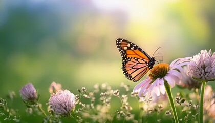  Monarch butterfly perched on a delicate flower in a sunlit meadow with a blurred green backg