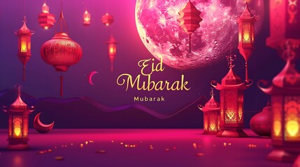 Eid mubarak background with arabic lanterns and crescent moon