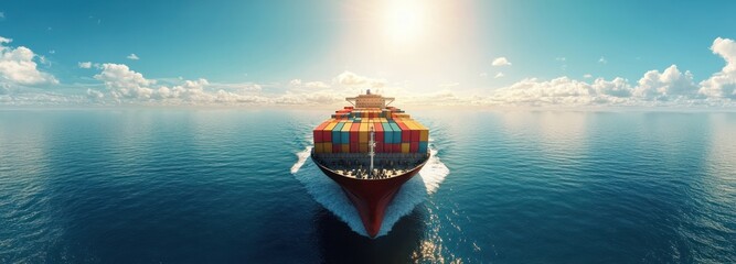 Poster - A Cargo Ship Sailing on a Sunny Day with Blue Sky and White Clouds