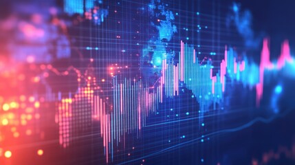 Poster - Abstract digital world map with glowing lines and data visualization