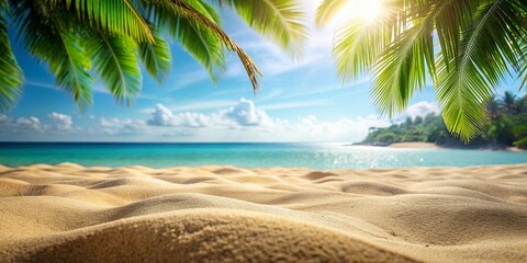 Sticker - Tropical landscape with sand in foreground and blurred background, perfect for summer vacation themes , beach, travel