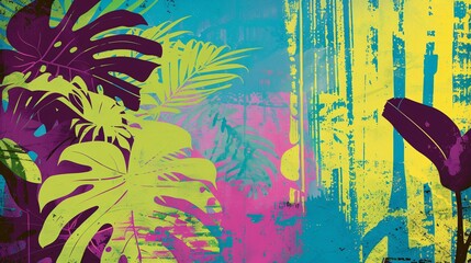 Wall Mural - Abstract tropical leaf pattern with yellow, turquoise, pink, and purple colors.