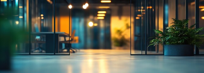 Poster - View Through Glass Doors of a Modern Office Space with a Plant