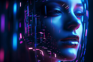 Abstract of glowing futuristic human cyber interface neon light. holographic image of a person s face. modern technologies. 3d render.