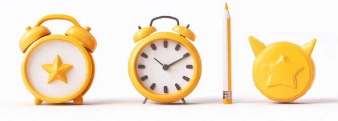 Poster - Yellow Alarm Clock, Pencil, and Star-Shaped Object on White Background