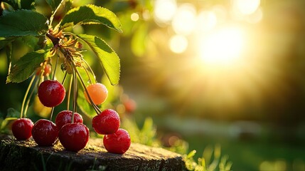 Poster - Ripe cherries in the sunlight, closeup capturing the natural beauty and freshness of the fruit.