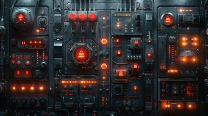 Poster - intricate control panel featuring glowing red lights and complex circuitry in a futuristic environme