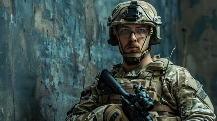 Camouflaged Soldier Holding a Rifle in a Ruined Building