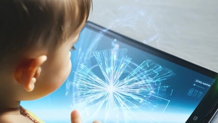 Aufkleber - A young child explores an interactive tablet showcasing vibrant digital graphics, fostering curiosity and engagement.