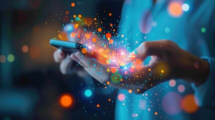 Magnificent Businessman using mobile smartphone and icon network connection data with growth graph