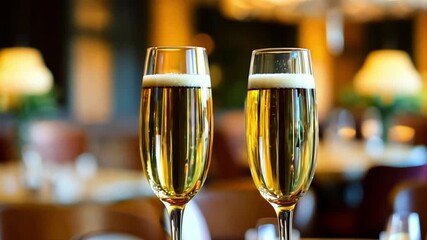 Poster - Two fluted glasses of sparkling beverage stand in a refined restaurant, capturing a moment of celebration and joy.