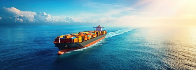 Poster - Container Ship Sailing on a Calm Ocean at Sunset