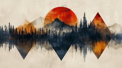 Wall Mural - majestic sunset over forested mountains reflected in still water at dusk
