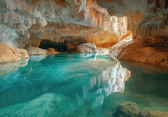 Sticker - A serene underground river flowing through a vast cavern, with crystal clear water reflecting the rock formations above