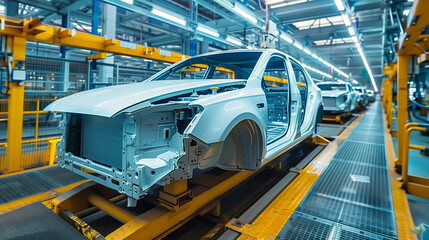 Poster - modern cars assembly line in manufacturing plant, automobile industry 
