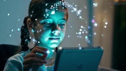 Leinwandbilder - A young girl focuses on her tablet, illuminated by its glow, showcasing a moment of curiosity and engagement in a cozy setting.