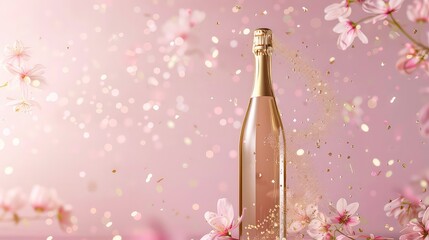 Sticker - A champagne bottle with a golden cap is surrounded by pink blossoms and gold glitter, against a pink background with bokeh lights.