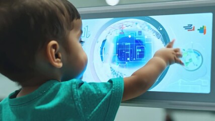Aufkleber - A young child explores an interactive touchscreen display, engaging with visual content in a bright educational setting.