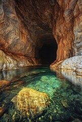 Sticker - An expansive cave with a subterranean river running through it, the water surface shimmering under the dim light of the cave entrance