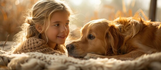 Wall Mural - Girl and Dog's Affectionate Gaze