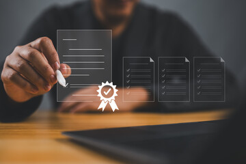 Poster - Quality control, certificate, standard, guarantee, Hand shows the sign of the top service Quality assurance 5 star, Guarantee, Standards, ISO certification and standardization concept.