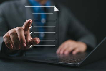 Poster - Business performance checklist, businessman using laptop doing online checklist survey, filling out digital form checklist, take an assessment, questionnaire, evaluation, online survey, online exam.