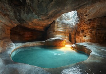 Sticker - A hidden pool within a cave, illuminated by soft, natural light filtering through cracks in the rock, creating an ethereal glow