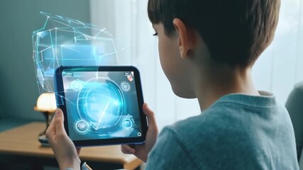 Aufkleber - A young child explores an interactive game on a tablet, captivated by the colorful graphics and holographic effects in a cozy indoor setting.