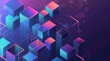 An abstract illustration of 3D cubes in a gradient of purple, blue and orange with gold outlining against a dark background.