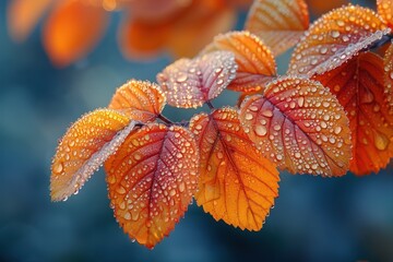 Wall Mural - A close-up shot of autumn leaves covered in dew drops.