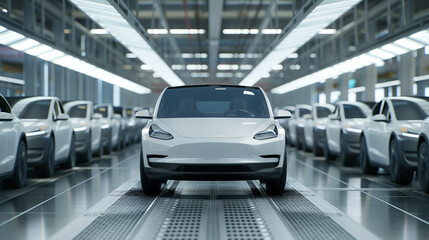 Poster - modern electric cars assembly line in manufacturing plant, EV automobile industry 