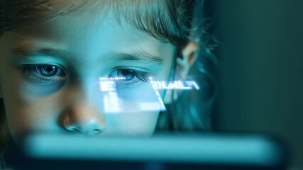 Aufkleber - A young child focuses intently on a smartphone screen in a dark room, highlighting curiosity and connection through technology.