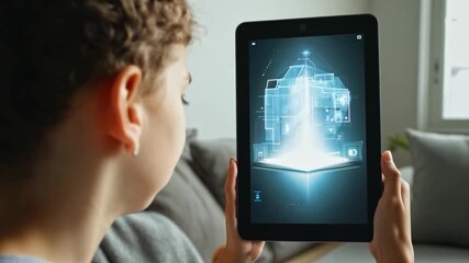 Aufkleber - A child interacts with a tablet showcasing a 3D holographic display of various models in a cozy indoor setting.
