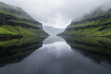 A serene lake in the Faroe Islands surrounded by green cliffs