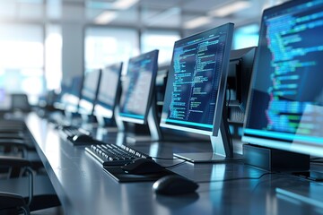 a row of computer monitors on an office desk